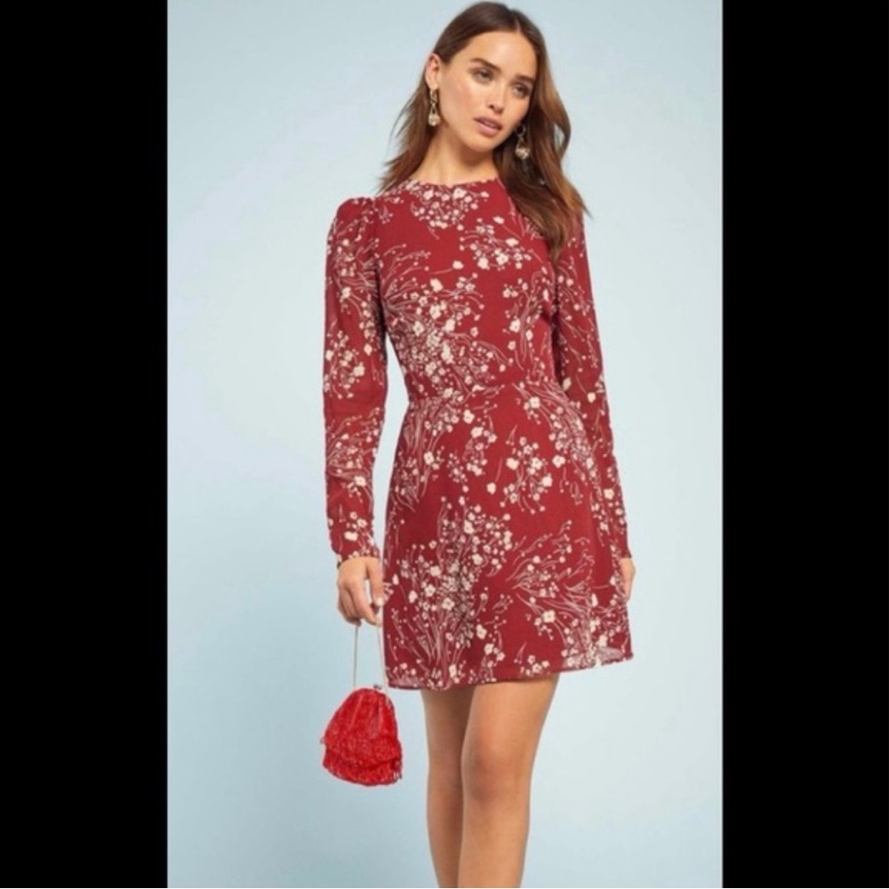 Reformation Burgundy Floral Long Sleeve Dress